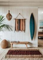 Stylish Coastal Living Room With Bohemian Decor and Surfboard on Display photo