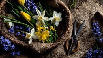 Bright Spring Flowers Arranged in a Woven Basket With Garden Scissors on Burlap Fabric photo