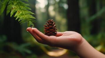 Hand Holds a Pine Cone Under Soft Forest Light Surrounded by Greenery and Ferns in a Tranquil Setting. photo