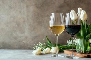 Celebration Setup With White Wine, Glasses, Tulips, and Corks on a Light Background. photo