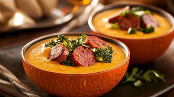 Delicious Pumpkin Soup Served in Carved Pumpkins With Broccoli and Sausage Topping in Autumn Setting. photo