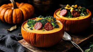 Delicious Pumpkin Soup Served in Carved Pumpkins With Broccoli and Sausage Topping in Autumn Setting photo