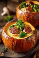 Hearty Pumpkin Soup Served in Hollowed Pumpkin Bowls With Meatballs and Broccoli Garnish photo