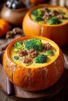 Hearty Pumpkin Soup Served in Hollowed Pumpkin Bowls With Meatballs and Broccoli Garnish. photo