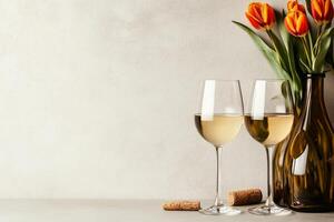 Celebration Setup With White Wine, Glasses, Tulips, and Corks on a Light Background photo