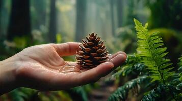 Hand Holds a Pine Cone Under Soft Forest Light Surrounded by Greenery and Ferns in a Tranquil Setting photo