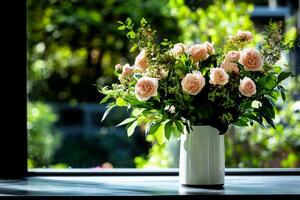 Blooming Roses in Bright Sunlight by a Window in a Serene Garden Setting photo