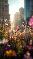 Colorful Wildflowers Bloom in an Urban Setting During a Bright Sunny Day in Spring. photo
