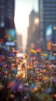 Colorful Wildflowers Bloom in a City Park During Late Afternoon Sunlight. photo