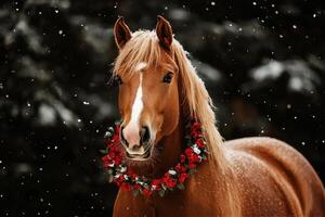 Horse Adorned With Floral Wreath in Snowy Winter Setting During Daytime. photo