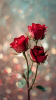 Red Roses Arranged Delicately Against a Shimmering Background in Soft Light photo