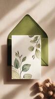 Elegant Green Envelope With Leaf Shadow on Soft Beige Background During Daylight. photo