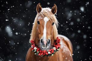 Horse Adorned With Floral Wreath in Snowy Winter Setting During Daytime photo