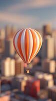 Colorful Hot Air Balloon Floats Over Cityscape at Sunrise Creating a Picturesque Aerial View. photo