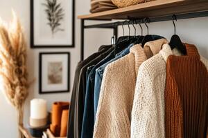 Cozy Autumn Sweaters Highlighting Warm Hues in a Modern Interior Setting With Stylish Decor photo