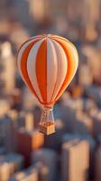 Colorful Hot Air Balloon Floats Over Cityscape at Sunrise Creating a Picturesque Aerial View photo