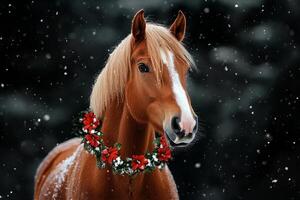 Beautiful Horse With a Festive Wreath in a Snowy Forest During Wintertime. photo