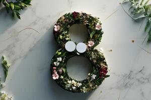 Floral Arrangement Showcasing the Number Eight Surrounded by Various Greenery and Flowers. photo