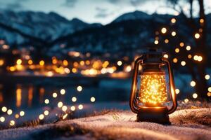 Warm Lantern Glow Amidst Winter Landscape With Twinkling Lights at Dusk photo