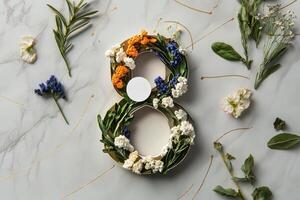 Floral Arrangement Showcasing the Number Eight Surrounded by Various Greenery and Flowers photo