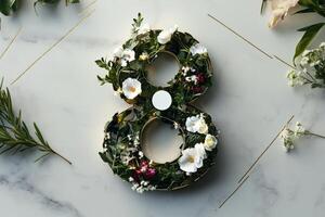 Unique Floral Arrangement, Number Eight, Made of Natural Elements on a Marble Surface. photo