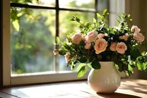 Blooming Roses in Bright Sunlight by a Window in a Serene Garden Setting. photo