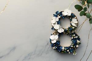 Unique Floral Arrangement, Number Eight, Made of Natural Elements on a Marble Surface photo