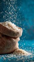 Rice Spilling From a Burlap Sack Against a Blue Background in a Cozy Kitchen Setting photo