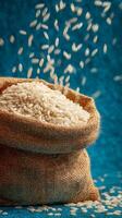 Rice Spilling From a Burlap Sack Against a Blue Background in a Cozy Kitchen Setting. photo
