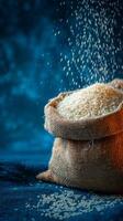 Burlap Sack Spills White Rice on Blue Surface Creating Vibrant Contrast. photo