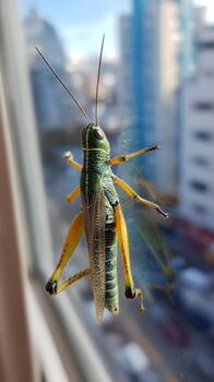Grasshopper on a Window With a City Backdrop During the Daytime photo