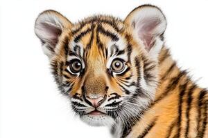 Close up of a Young Tiger With Vivid Fur Details Against a Plain Background photo