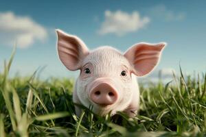 Cute Piglet Enjoying a Sunny Day in a Grassy Field With Clear Blue Sky photo