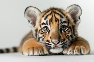 Playful Tiger Cub Resting on a Plain Surface, Showing Curious Expression and Soft Fur photo