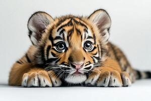 Playful Tiger Cub Resting on a Plain Surface, Showing Curious Expression and Soft Fur. photo