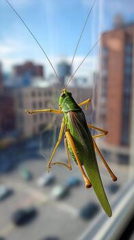 Grasshopper on a Window With a City Backdrop During the Daytime. photo