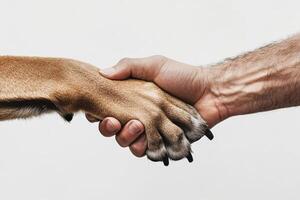 Dog and Human Sharing a Handshake in a Simple Indoor Setting During the Day. photo