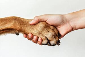 Dog and Human Sharing a Handshake in a Simple Indoor Setting During the Day photo