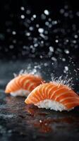 Fresh Sushi Served on Dark Surface With Water Splashes Creating a Vibrant Dining Experience. photo