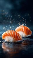 Fresh Sushi Served on Dark Surface With Water Splashes Creating a Vibrant Dining Experience photo