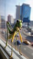 Grasshopper on Window Ledge Overlooking a Busy City Street During a Sunny Day. photo