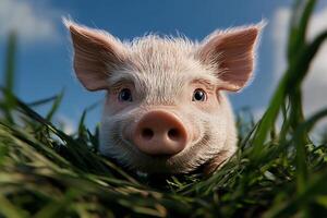 Curious Piglet Exploring a Grassy Field Under a Clear Blue Sky in the Countryside. photo