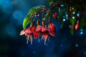 Brilliant Red Flowers Glisten in the Rain Under Moody Light in a Garden Setting. photo