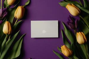 Colorful Yellow Tulips With Blank Card on Purple Background for Floral Arrangements or Celebrations. photo