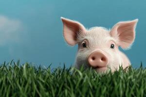 Cute Piglet Enjoying a Sunny Day in a Grassy Field With Clear Blue Sky. photo