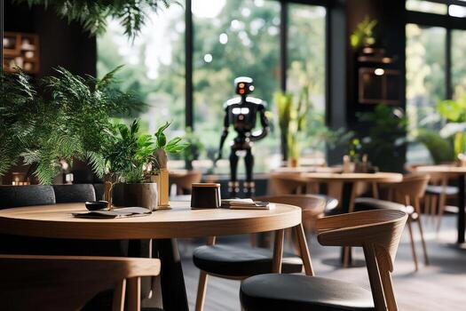 Dining Experience in a Modern Restaurant With Robotic Waiter Interacting in Natural Setting photo