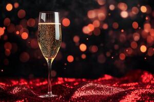Celebratory Champagne Glass With Sparkling Bubbles on a Shimmering Red Surface photo