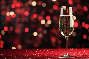 Celebratory Champagne Glass With Sparkling Bubbles on a Shimmering Red Surface. photo