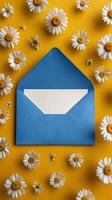 Envelope Surrounded by Daisies on Bright Yellow Background Creating a Cheerful Atmosphere for Messages photo