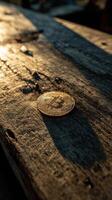 Bitcoin Coin Resting on a Weathered Wooden Surface During Golden Hour Light photo